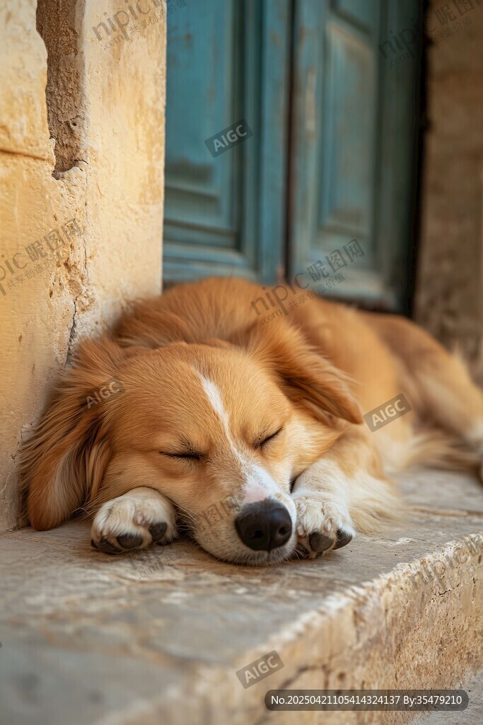 门前酣睡的可爱金毛犬