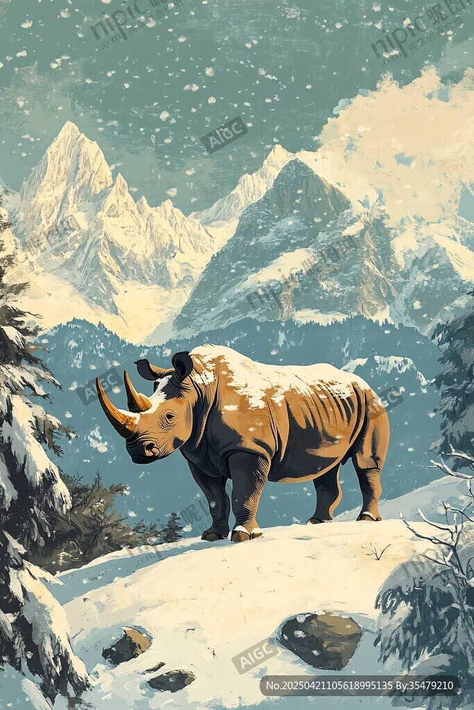 雪山中的独角犀牛