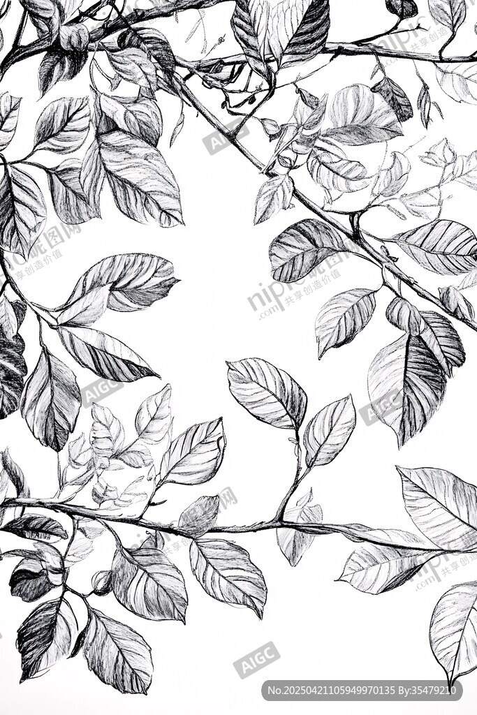 黑白枝叶手绘插画
