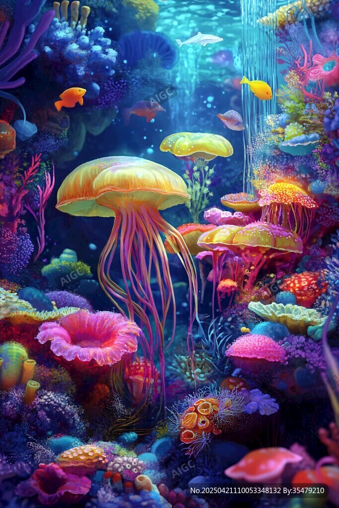 梦幻海底世界的多彩水母