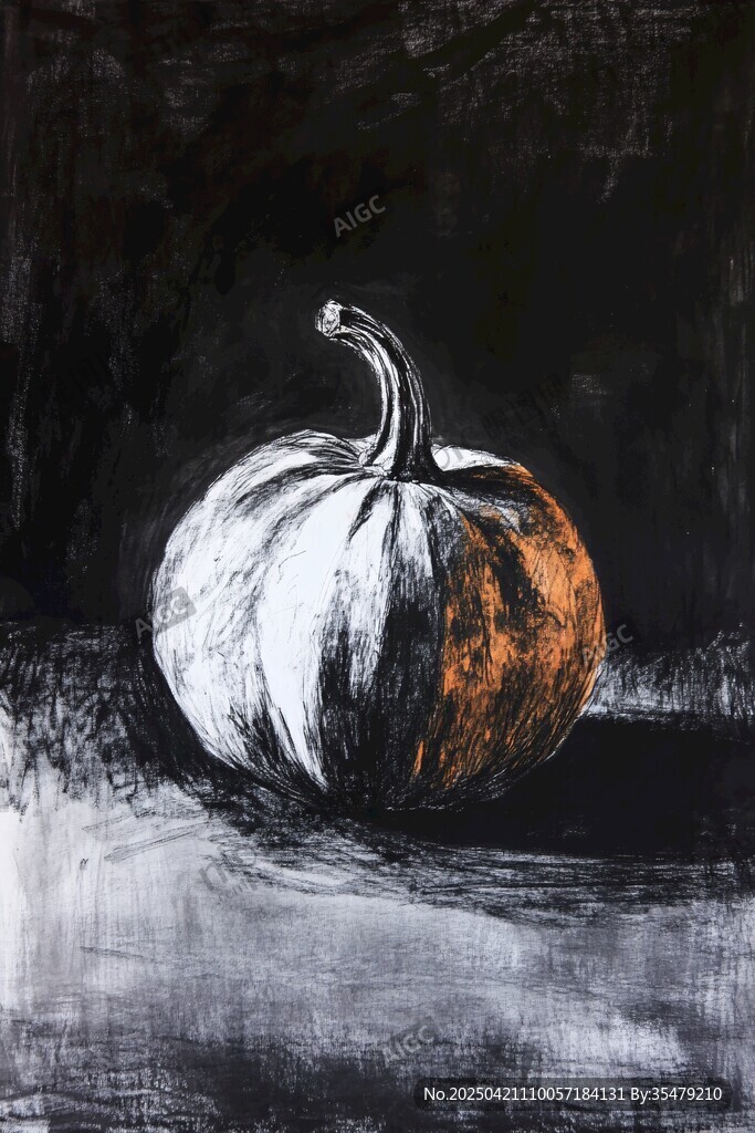 黑白与橙南瓜静物画