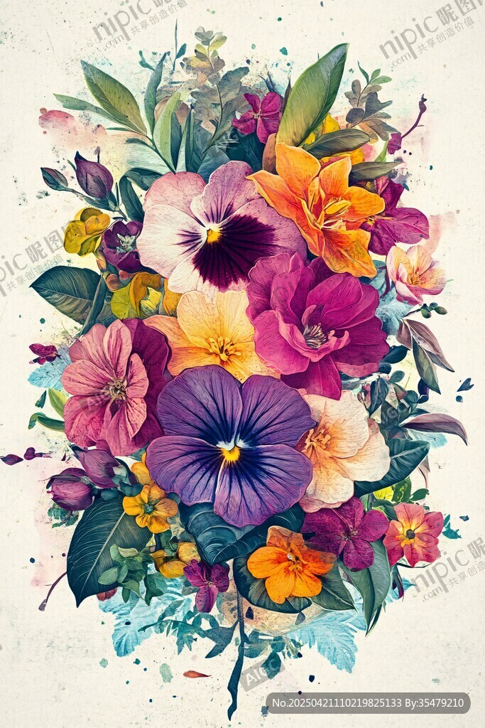 缤纷多彩花卉水彩插画