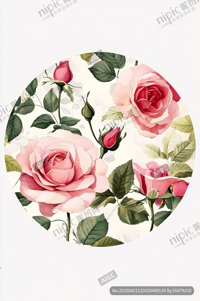 圆形粉玫瑰插画花卉图案