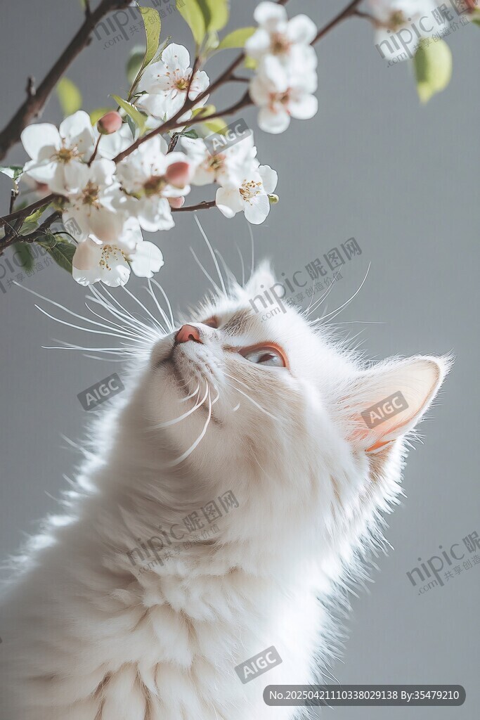 白猫嗅春花