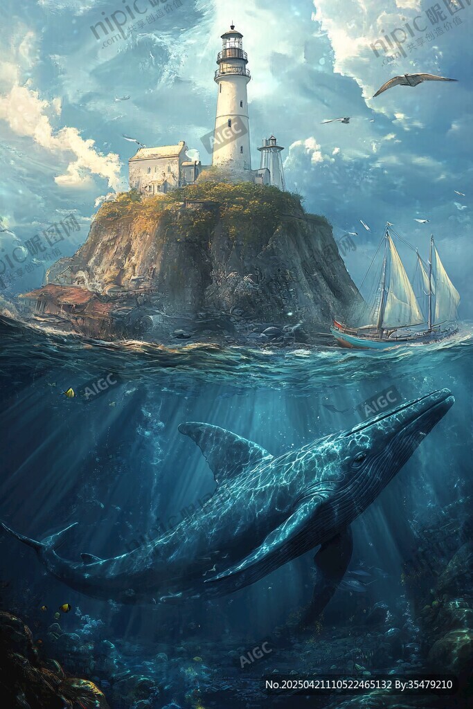 梦幻海岛灯塔与深海鲸鱼