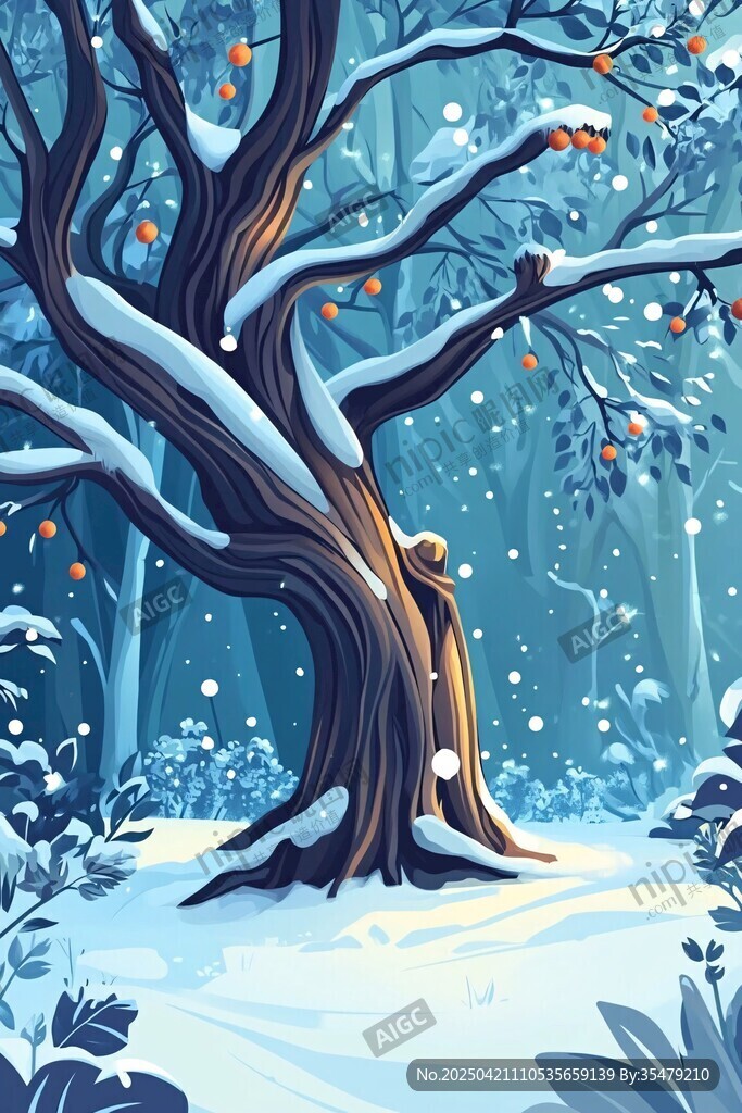 雪覆巨树的静谧森林图景