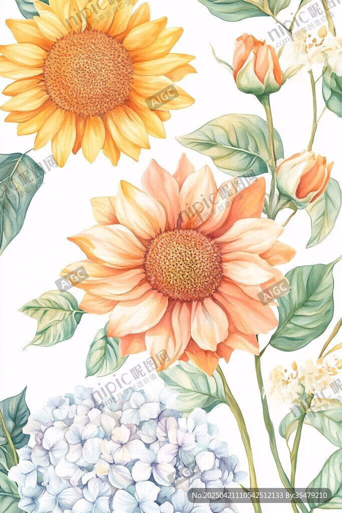 向日葵绣球花卉插画