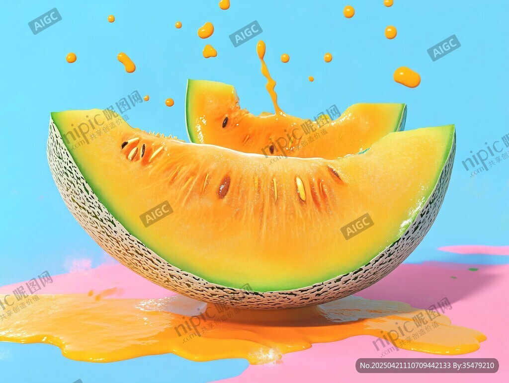 甜瓜切片汁水飞溅画面