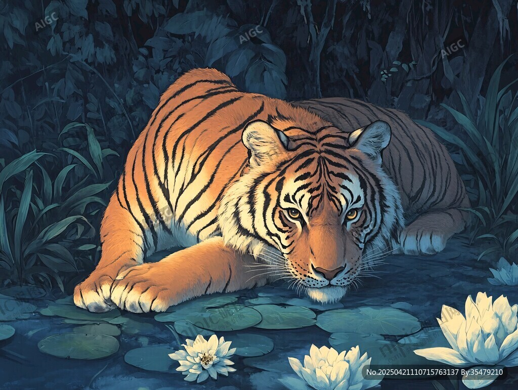 卧于荷塘边的威严老虎
