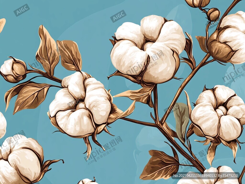 蓝底棉花枝插画图案