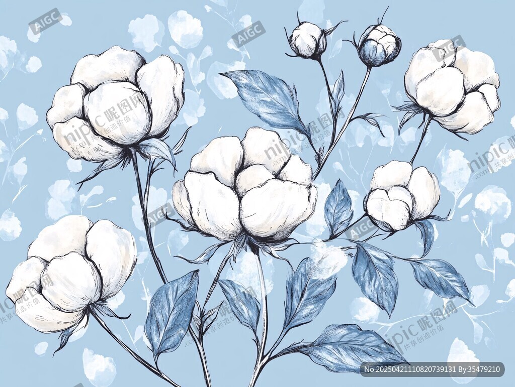 手绘蓝底棉花花卉图案