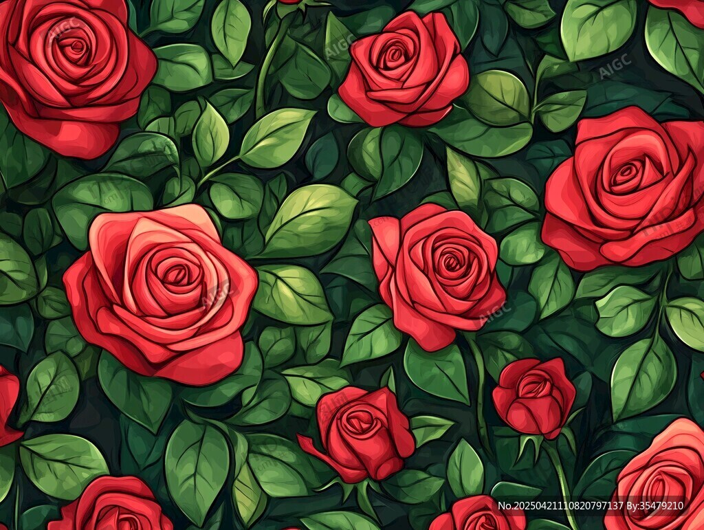 红玫瑰绿叶无缝花卉图案