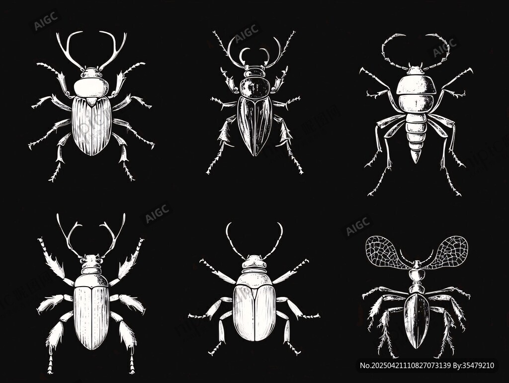 六种独特甲虫黑白插画