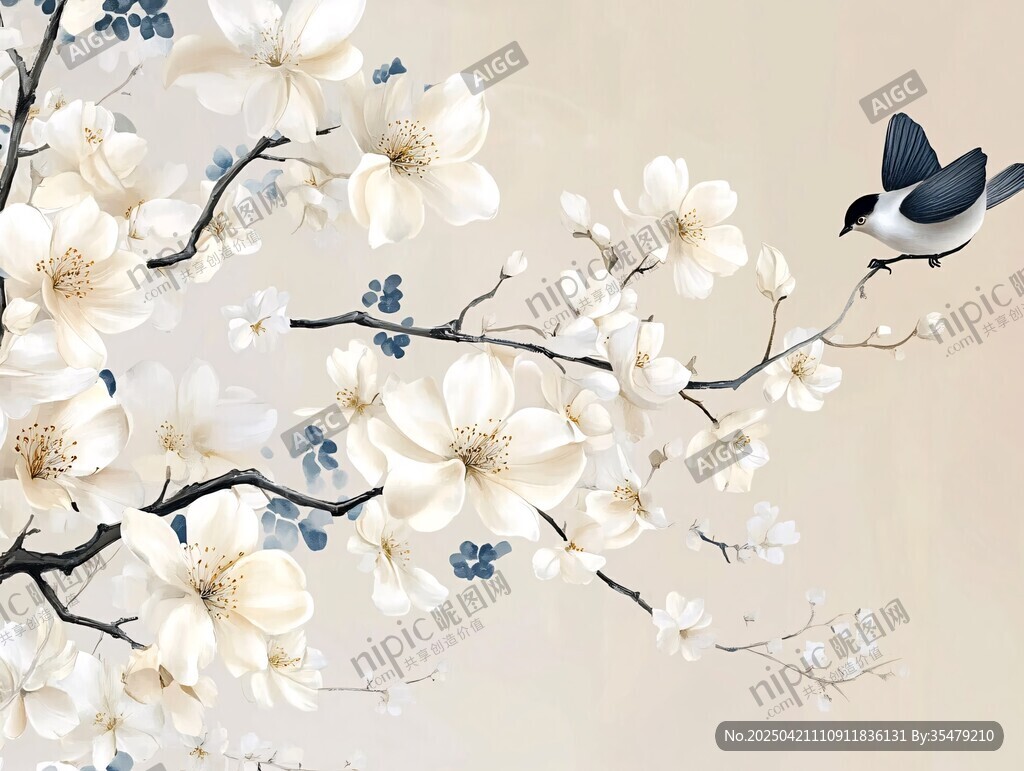 玉兰花枝上的灵动飞鸟