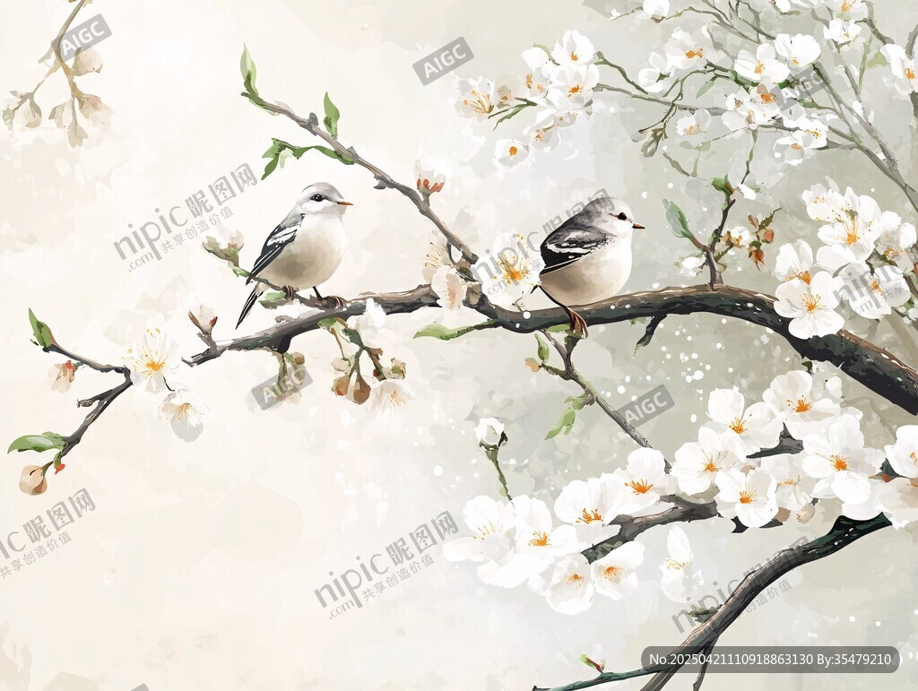 双鸟栖于繁花枝头