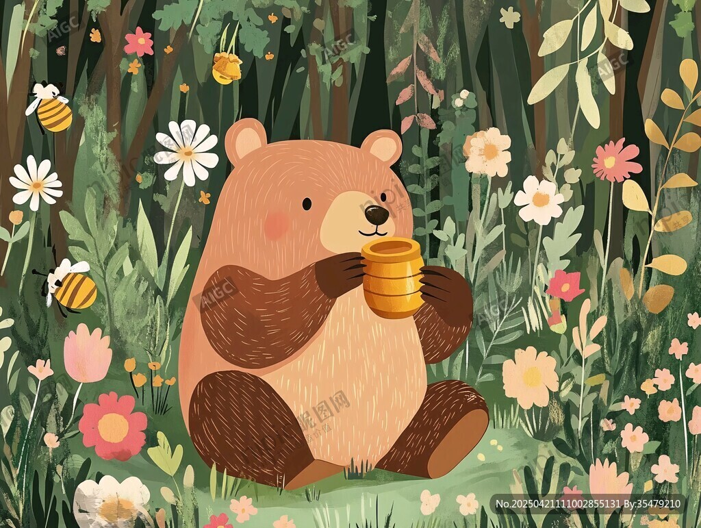 森林小熊惬意享蜂蜜
