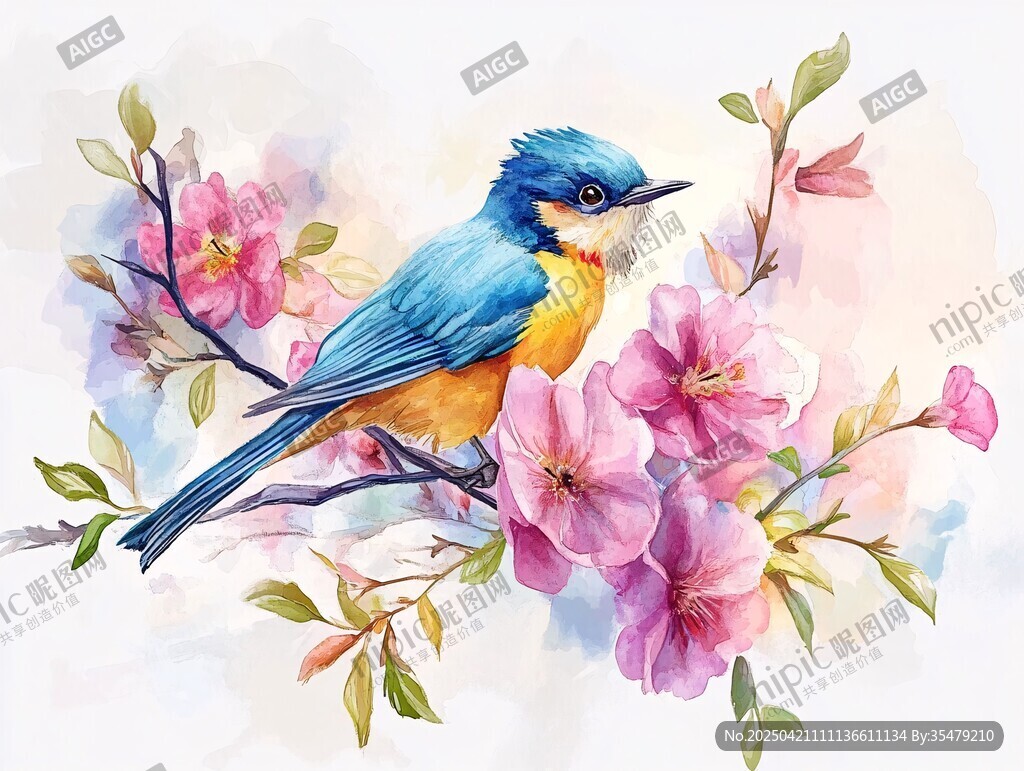 蓝鸟栖繁花枝头水彩画
