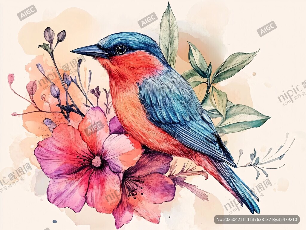 花鸟水彩画 绚丽鸟儿栖繁花