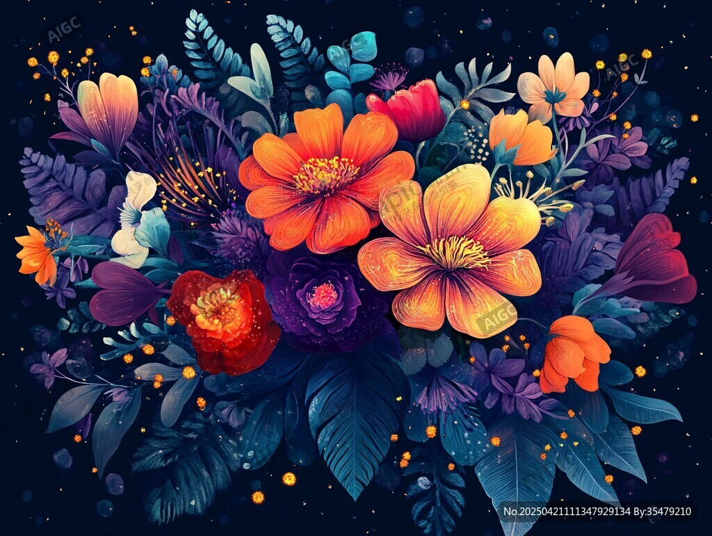 梦幻绚丽的花卉插画
