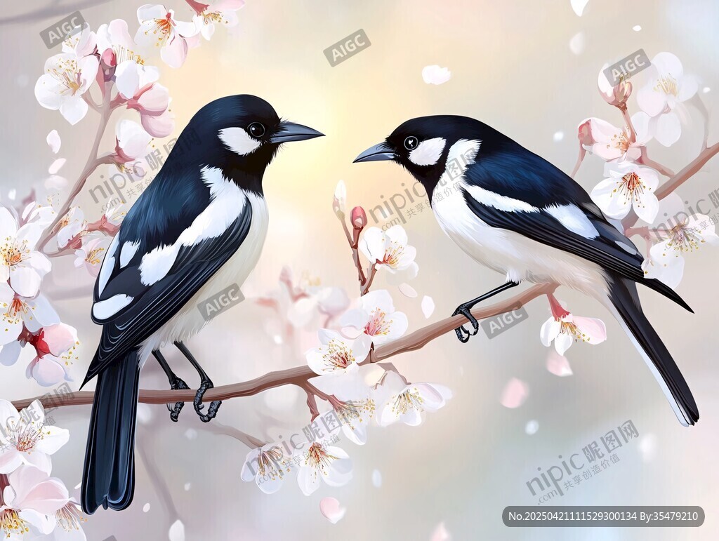 枝头双鹊伴繁花