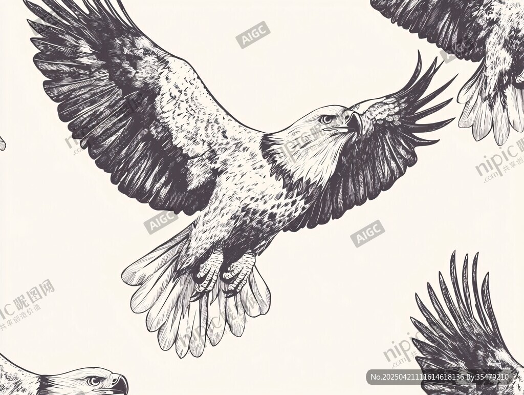 展翅雄鹰黑白插画图案