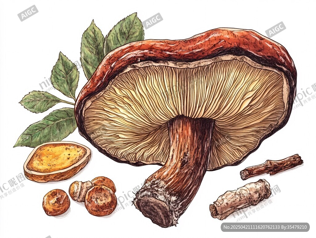 手绘美味蘑菇与周边植物
