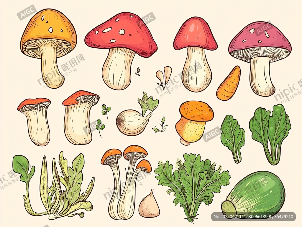 手绘蘑菇与蔬菜集合插画
