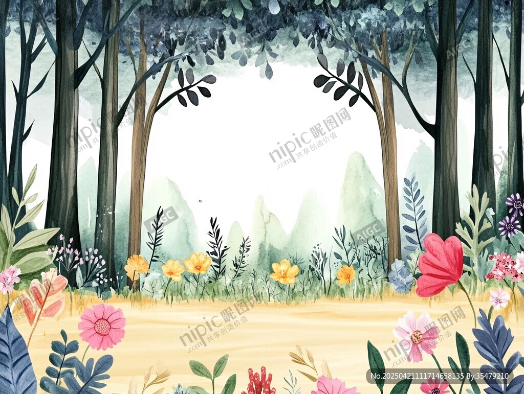 梦幻森林花卉风景插画