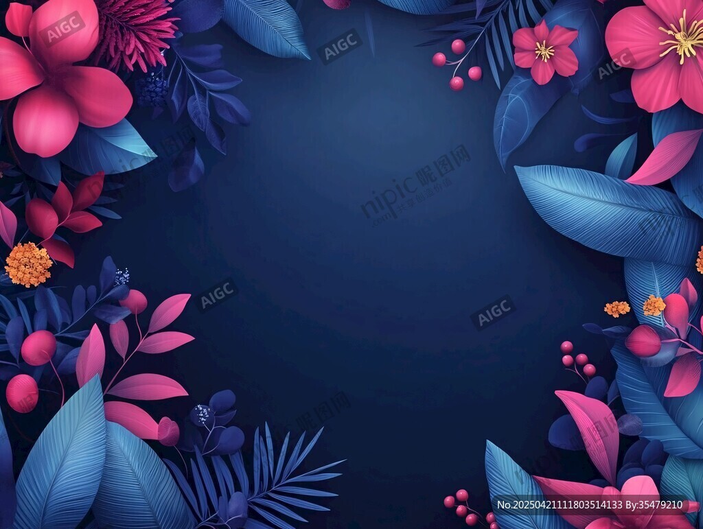 深蓝背景的绚丽花卉边框