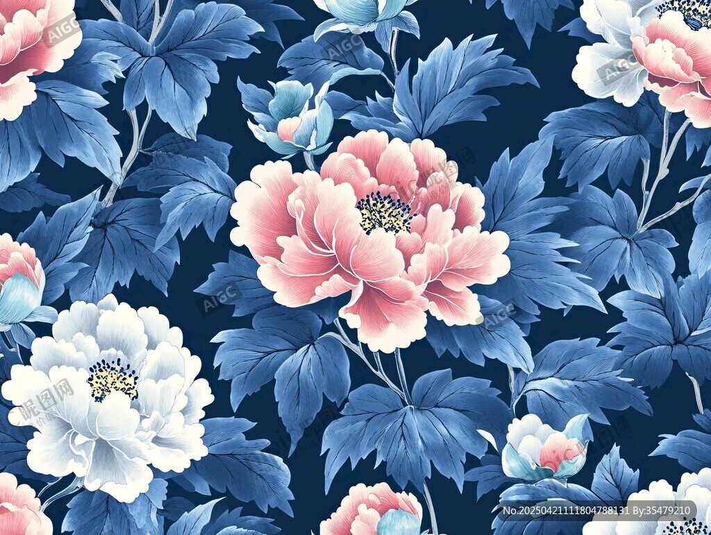 蓝底牡丹花卉图案设计