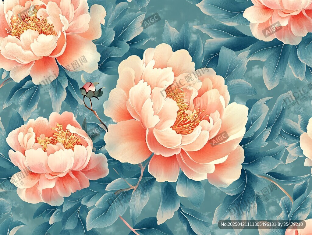 粉色牡丹与绿叶精美图案