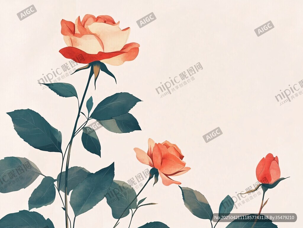 水墨风橙玫瑰花卉插画
