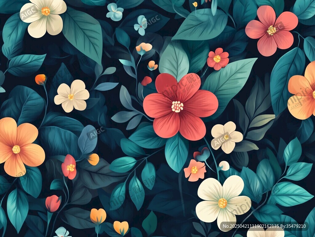 深蓝色底多彩花卉图案