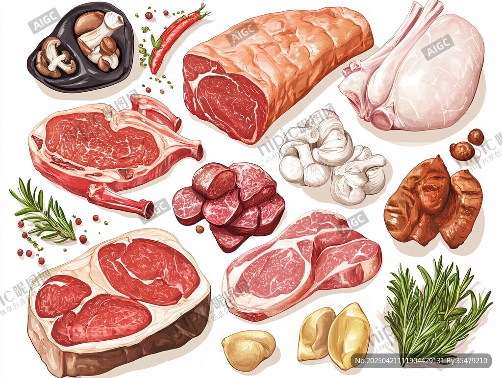 多样肉类与香料食材集合