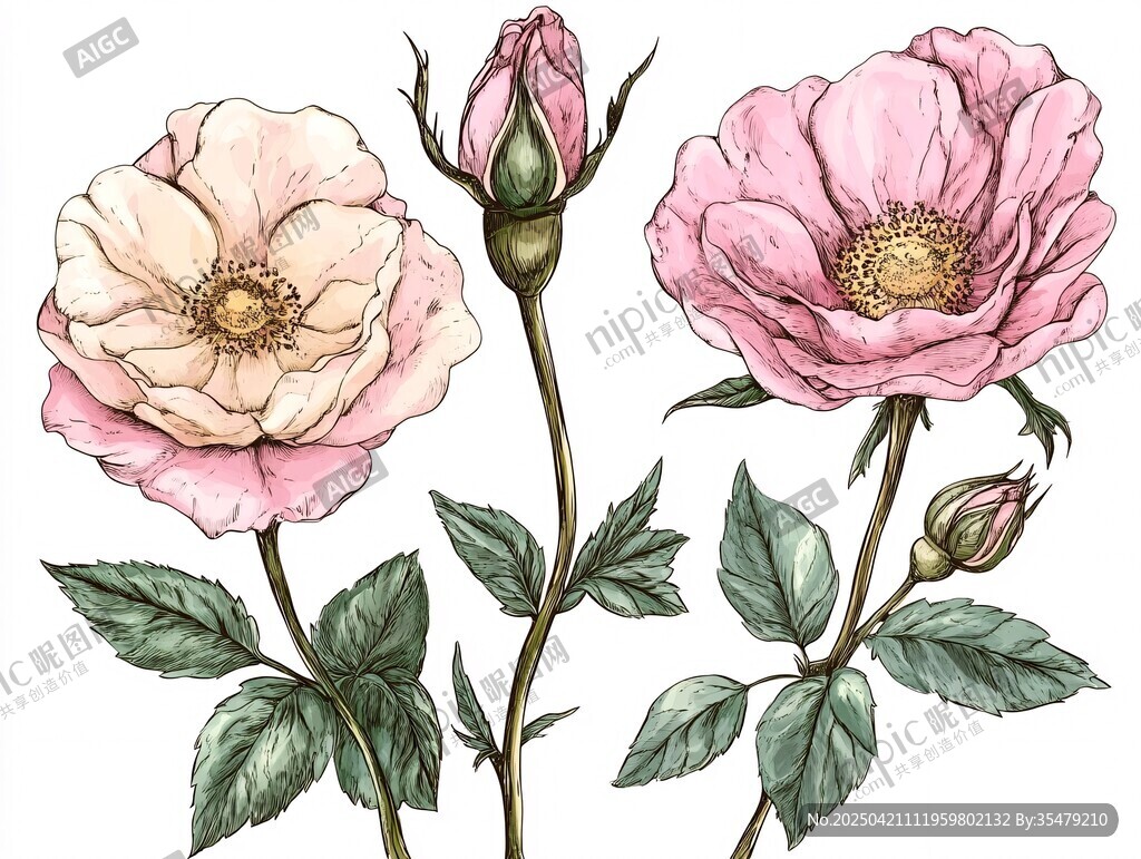 手绘粉色蔷薇花插画