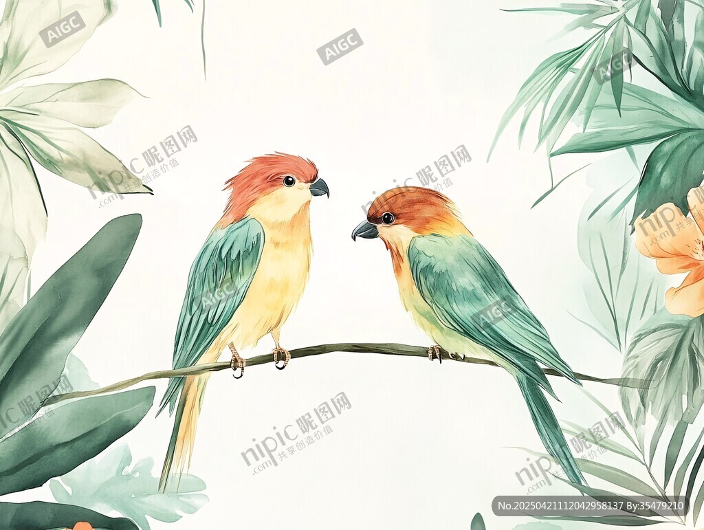 枝头双鸟 绿植相伴
