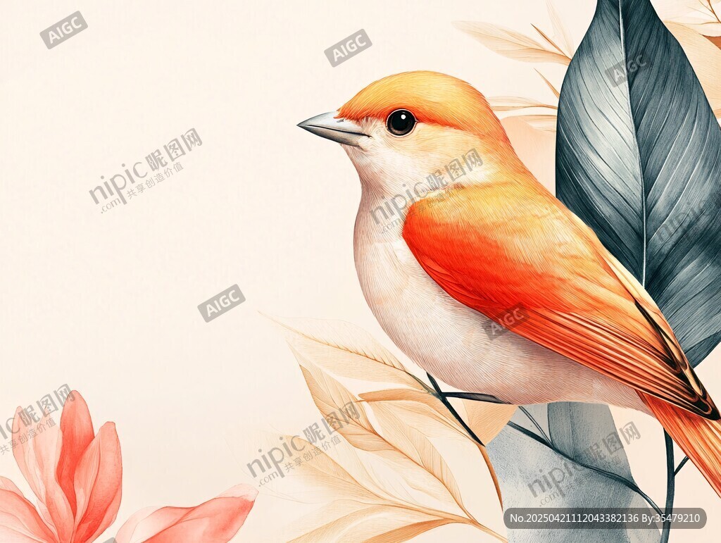 橙羽小鸟栖于花叶间