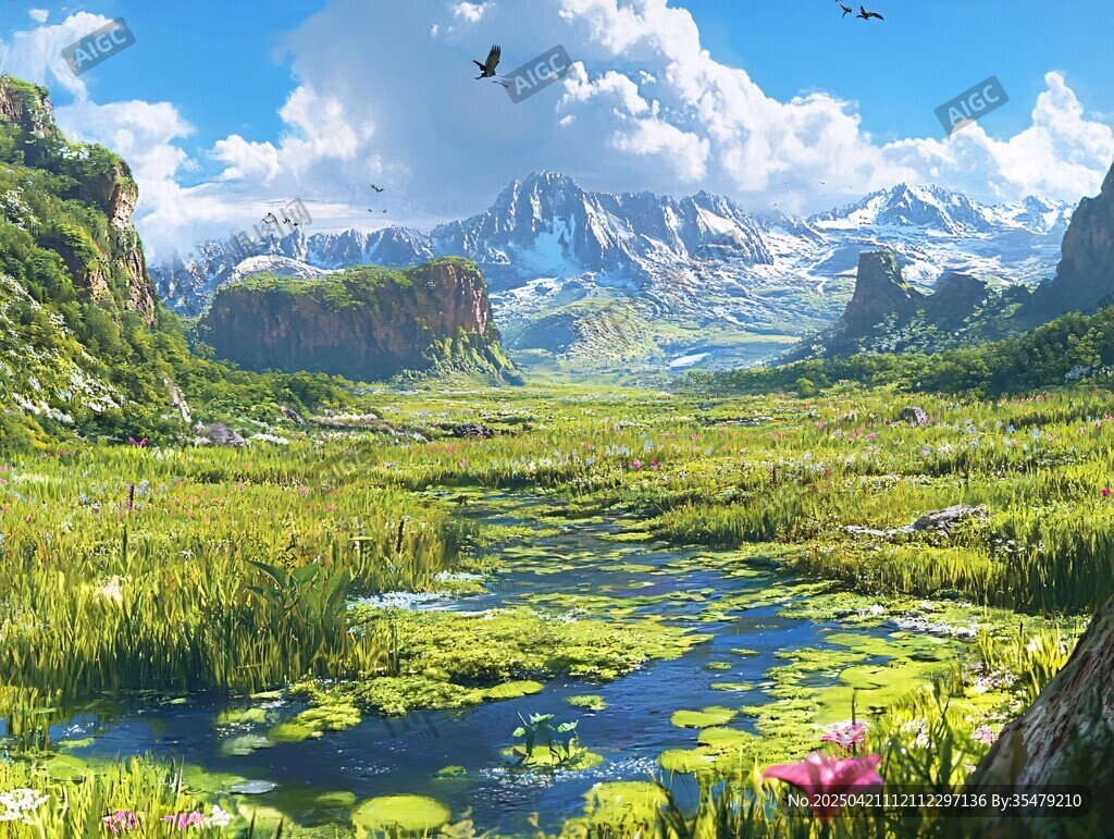 梦幻山野间的宁静湿地风光