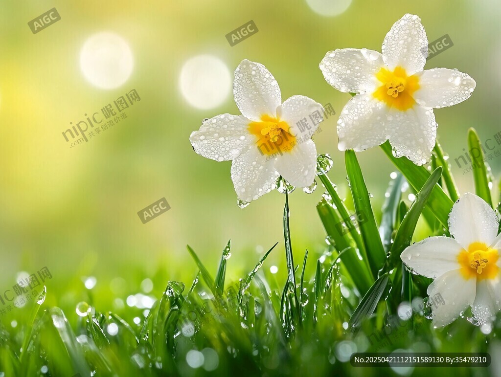 露珠水仙花绽放于绿草地