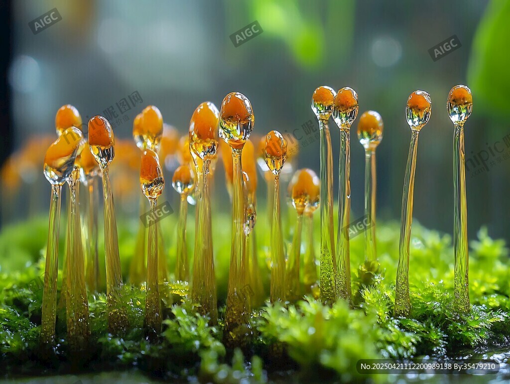 晶莹露珠点缀的橙色苔藓