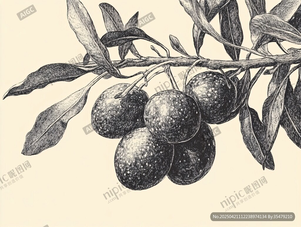 橄榄枝插画 果实与枝叶