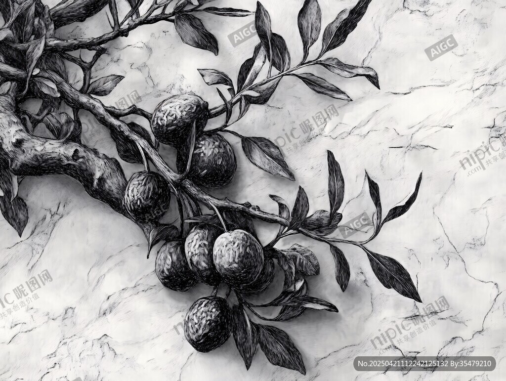 橄榄枝与果实黑白插画