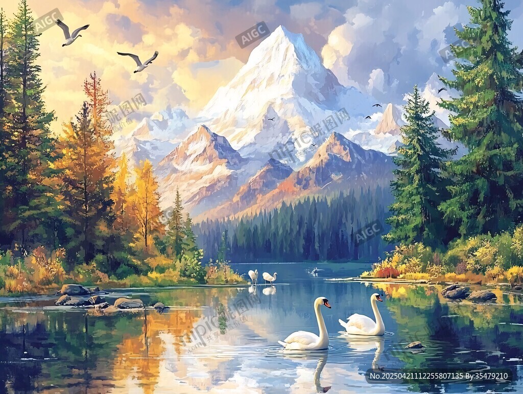 湖畔天鹅与壮丽雪山美景