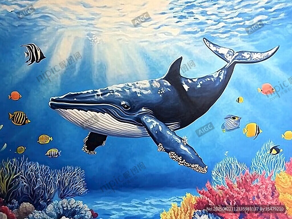 深海蓝鲸与多彩鱼群共舞