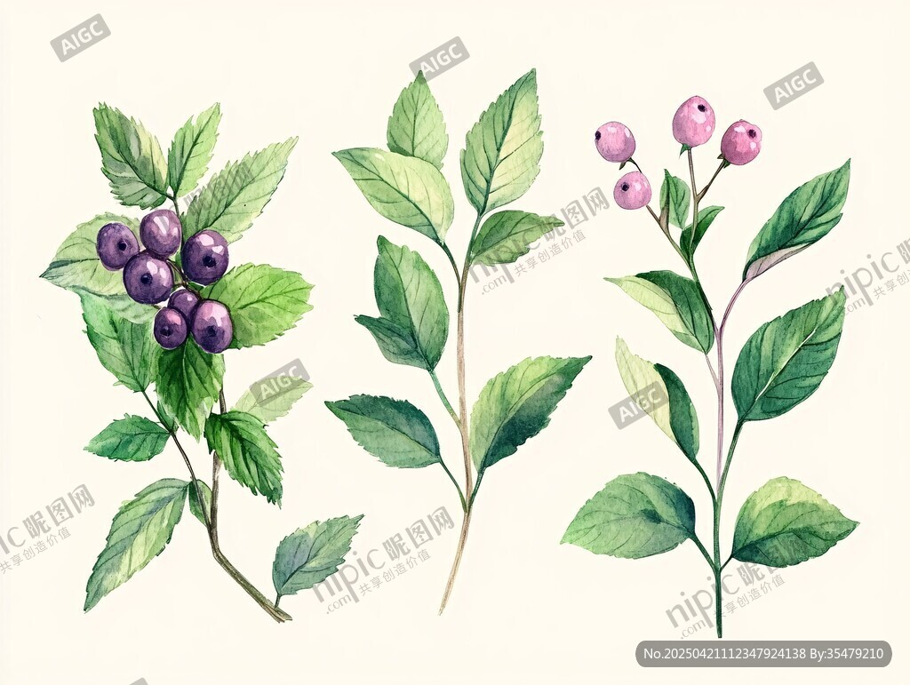 水彩绘浆果绿叶植物图
