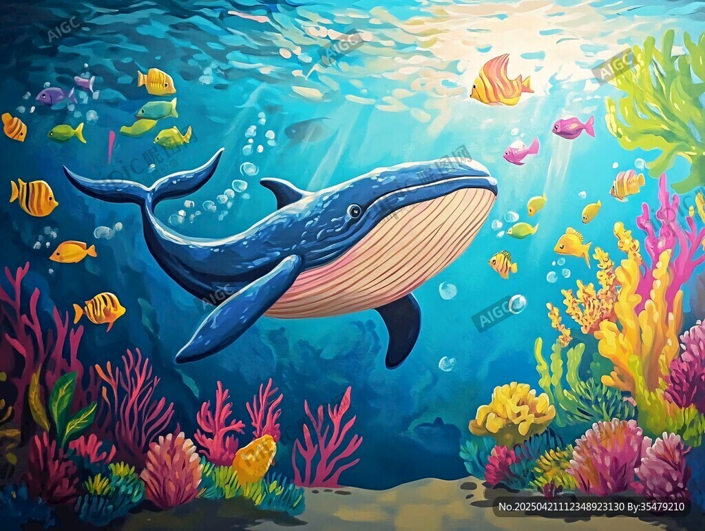 梦幻海底的鲸鱼与多彩鱼群