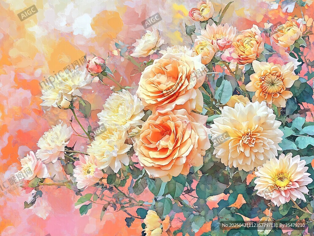 梦幻暖色调花卉油画作品