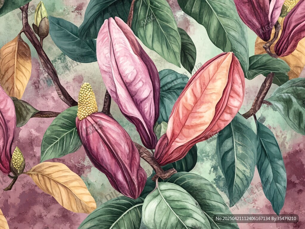 玉兰花枝水彩插画图案