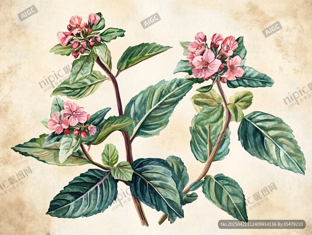 复古风粉色花卉植物插画