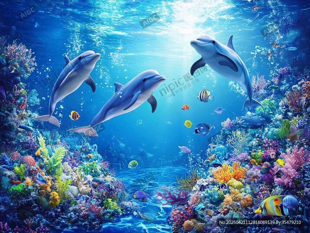 梦幻海底的海豚与缤纷鱼群